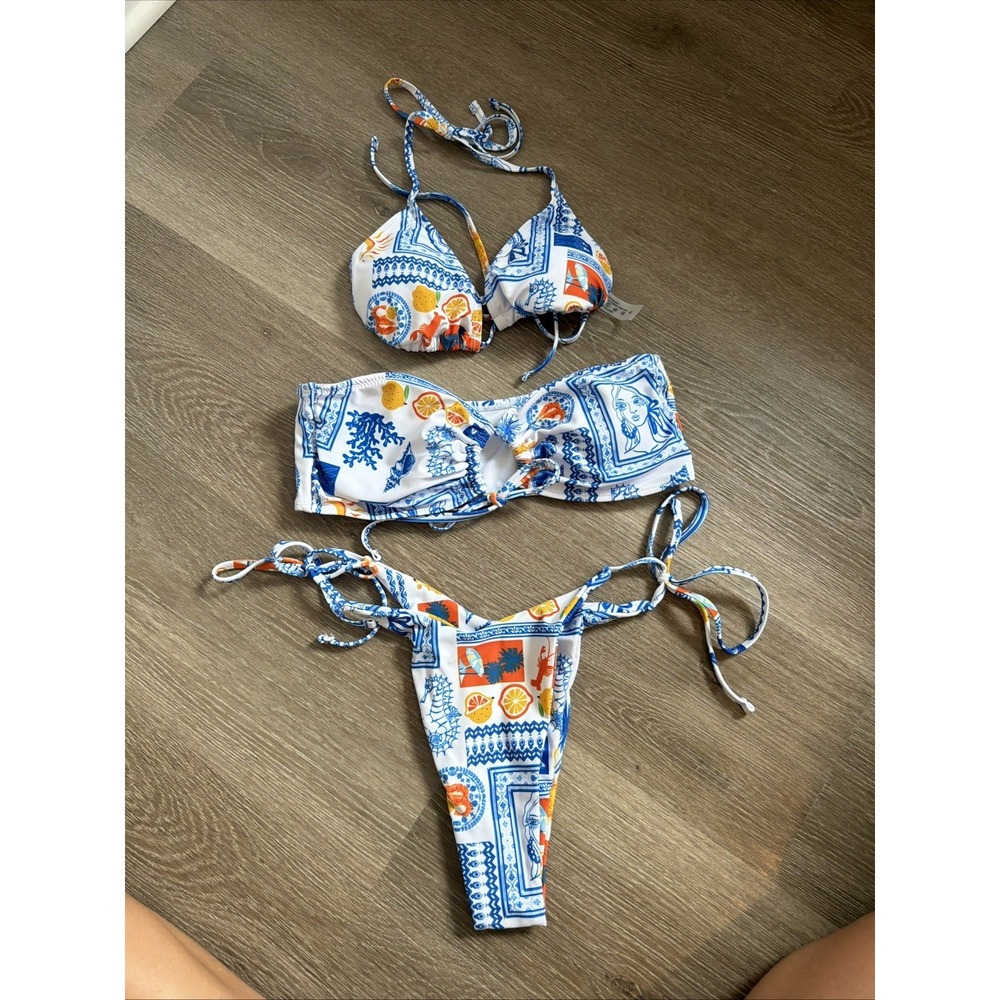 3 Piece Bikini Set Womens Medium White Blue Mediterranean Tile Print Swim
